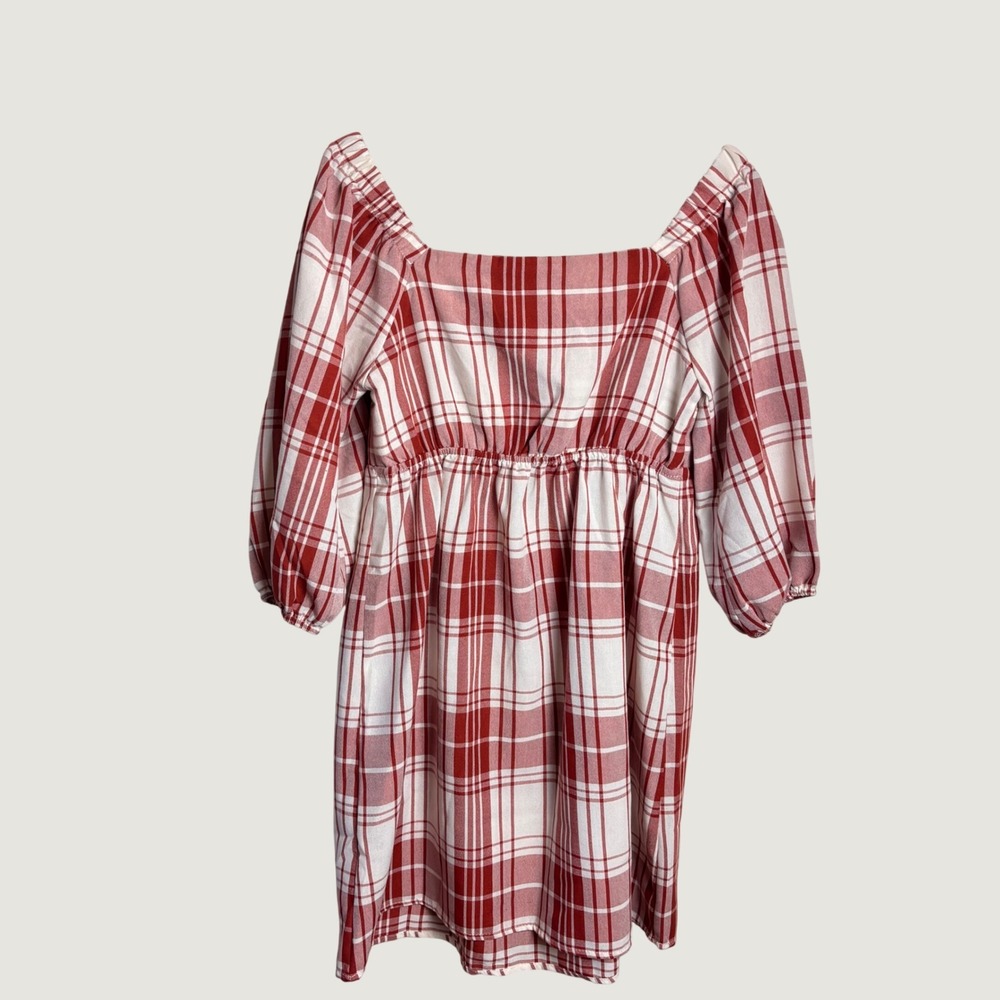 New Monteau Los Angeles S Red Plaid Babydoll Mini Dress Puff Sleeve Cottagecore - Picture 5 of 12